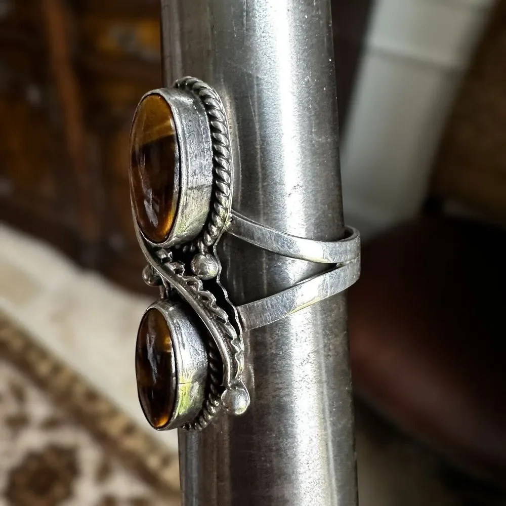 VTG Plata Statement Ring Tigers Eye Quartz Size‎ 7 Braided 925 Sterling 5.3g
